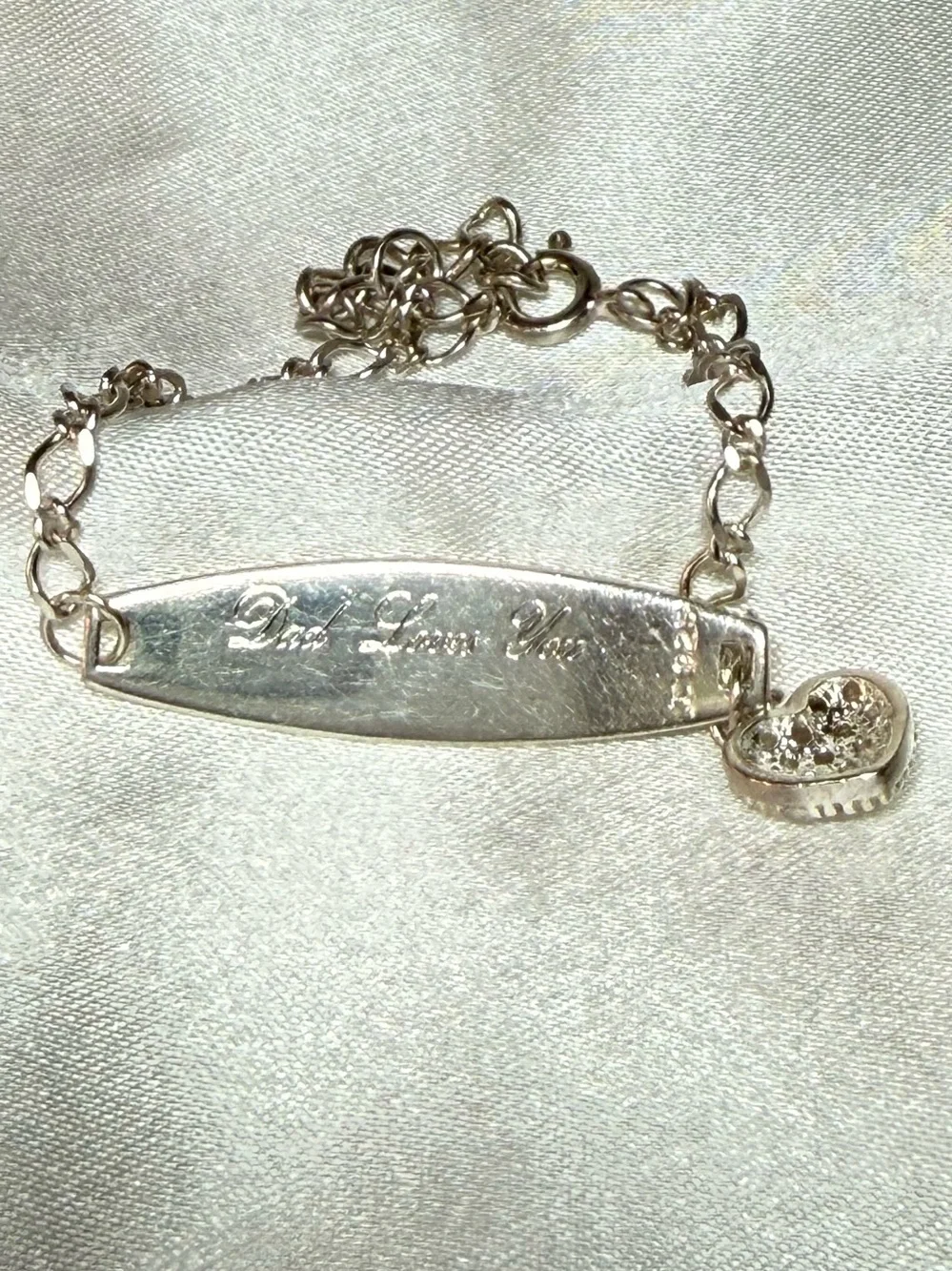 925 Sterling Silver ID Bracelet Crystal Heart Charm Engraved Dad Loves You